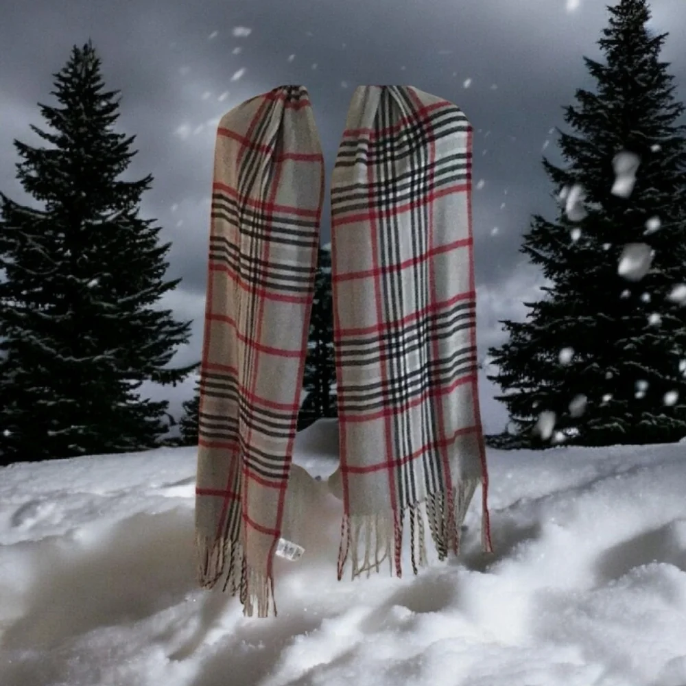 Scarf full-size Unisex grey red with fringe washable nice style unisex